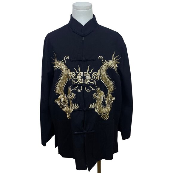 Chinese Dragon Embroidered Jacket Black & Gold Men’s Long Sleeve Size L - Picture 1 of 9